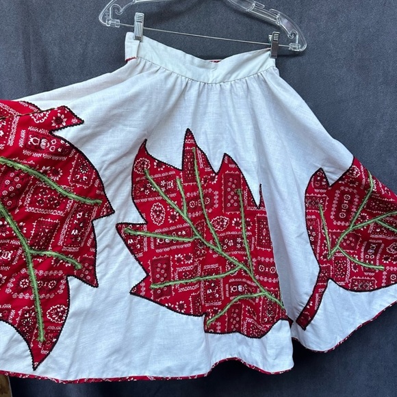 Vintage full circle skirt reversible leaf appliqué bandanna print women’s - Picture 4 of 4